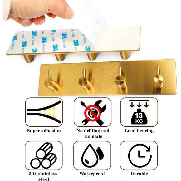 Adhesive Stainless Steel Key Hooks Towel Hook Coat Hanger Four Rows Gold 1PCS - Picture 6 of 6